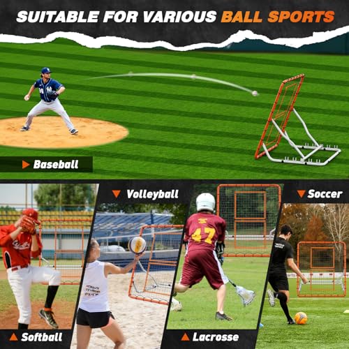 Baseball Rebounder Net 4x4.5FT with 5 Adjustable Angles,Pro Pitch Back Trainer for Volleyball/Softball/Soccer, Solo Practice for Ground, Line Drive & Fly Balls, Durable UV Resistant Net & Ste
