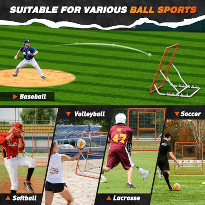 Baseball Rebounder Net 4x4.5FT with 5 Adjustable Angles,Pro Pitch Back Trainer for Volleyball/Softball/Soccer, Solo Practice for Ground, Line Drive & Fly Balls, Durable UV Resistant Net & Ste