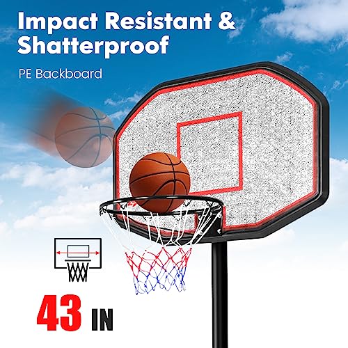 GYMAX Basketball Hoop, Outdoor 6.5FT-10FT Adjustable Basketball Goal with 43’’ Shatterproof Backboard & 18’’ Basket, All Weather Basketball Stand with Wheels, for Kids Youth Adult, Gym Driveway Court