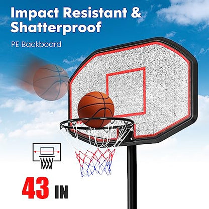 GYMAX Basketball Hoop, Outdoor 6.5FT-10FT Adjustable Basketball Goal with 43’’ Shatterproof Backboard & 18’’ Basket, All Weather Basketball Stand with Wheels, for Kids Youth Adult, Gym Driveway Court