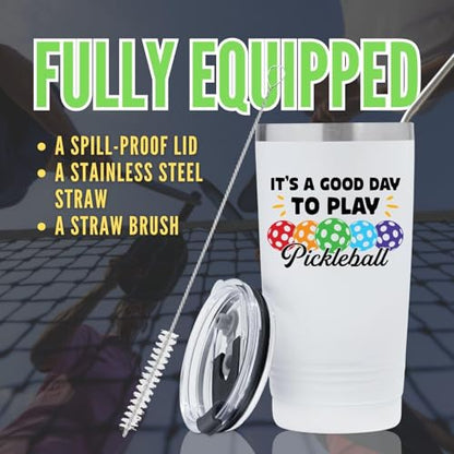 Onebttl Pickleball Gifts, Good Day to Play Pickleball, Insulated 20oz Stainless Steel Travel Tumbler with Lid