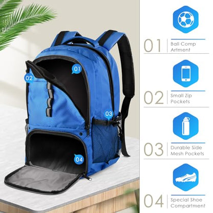 BROTOU Soccer Backpack Sports Bag with Ball Holder and Shoe Compartment for Football Basketball Volleyball Rugby - color: Light Blue