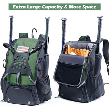 Baseball Backpack for Youth, Boys, Adults - Bat and Softball Equipment Bag With Glove Holder, Helmet, Shoes Compartment - T-Ball Accessories and Baseball Gifts - color: Hunter Green - 42L