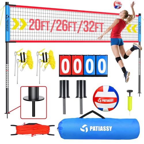 Portable Volleyball Net Set for Backyard & Beach, Adjustable Width (32/26/20FT) & Height, Anti-Sag Tension Design, Metal Stakes for Outdoor Stability, PU Volleyball with Pump, Scoreboard and Carry Bag - color: Blue and Red