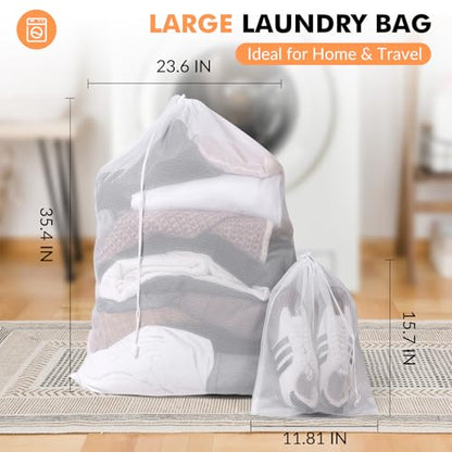 2 Pack Mesh Laundry Bags - Large & Small Heavy Duty Mesh Laundry Bag with Drawstring, Wash Bags for Travel, College, Dorms, Sports, Family, White - color: white