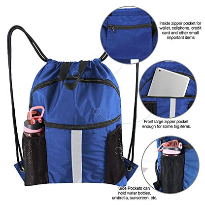 BeeGreen Drawstring Backpack Bag with Shoe Compartment, X-Large Black Gym Sports String Cinch Backpack - color: Royal Blue