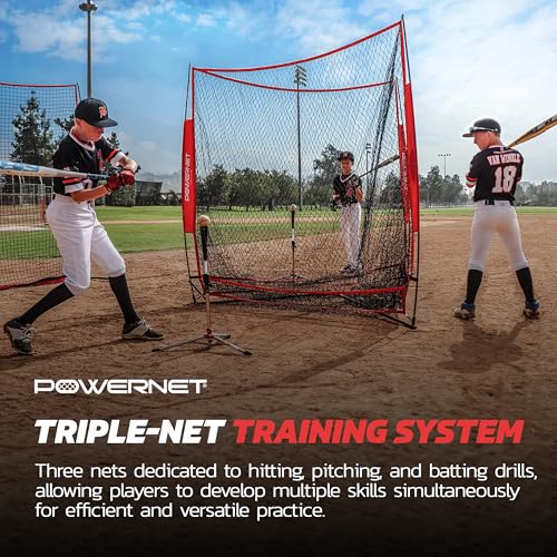 PowerNet Triple Threat Baseball Net, 3 Way 7' x 7' Batting, Hitting & Pitching Net Covers 147 Sq Ft, Softball Baseball Training Equipment, Baseball Practice Net - color: Red