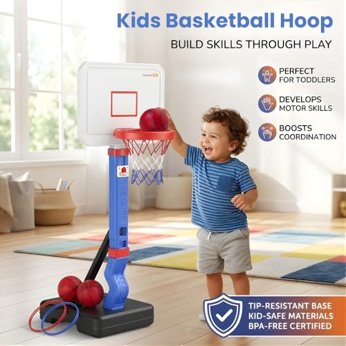 Toddler Basketball Hoop with Ring Toss, Height Adjustable Indoor & Poolside Outdoor Kids Basketball Hoop Set with Mini Balls, Rings, Pump, & Stable Base Game Sport Toys for Boys & Girls Age 1-5