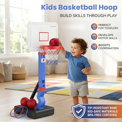 Toddler Basketball Hoop with Ring Toss, Height Adjustable Indoor & Poolside Outdoor Kids Basketball Hoop Set with Mini Balls, Rings, Pump, & Stable Base Game Sport Toys for Boys & Girls Age 1-5