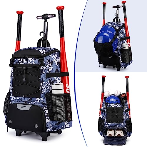 Softball Bag, Baseball Rolling Bat Bag - Wheeled for Youth Girls Adult, Lightweight Equipment Backpack With Shoe Compartment, Fence Hook for TBall, Helmet