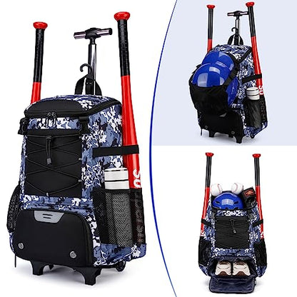 Softball Bag, Baseball Rolling Bat Bag - Wheeled for Youth Girls Adult, Lightweight Equipment Backpack With Shoe Compartment, Fence Hook for TBall, Helmet