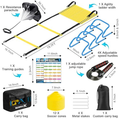 X-UMEUS Agility Ladder Speed Training Equipment Set-20ft Agility Ladder,12 Soccer Cones,4 Hurdles, Jump Rope, Running Parachute| Basketball Football Soccer Training Equipment for Kids Youth Adults - color: Yellow Blue