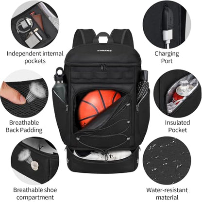 Basketball Backpack Bag Large Sports Bag with Separate Ball holder & Shoes compartment, Best for Basketball, Soccer,Volleyball,Gym - color: Black