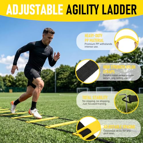 Agility Ladder,Soccer Training Equipment Set,20ft Speed Ladder,4 Agility Hurdles,Football Basketball Training Equipment,Football Accessories for Kids Youth Adults | Footwork, Speed & Agility Training - color: Yellow