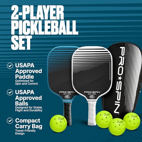 PRO-SPIN Carbon Fiber Pickleball Paddles Set of 2 | Lightweight Pickleball Set with Indoor/Outdoor Balls and Bag – Durable Pickle Ball Paddle Gift for Men, Women & Families - color: 2-Player Set | Blue/White
