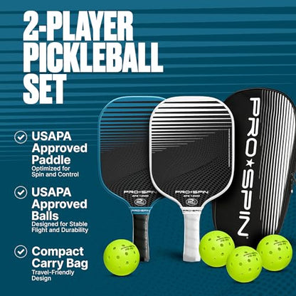 PRO-SPIN Carbon Fiber Pickleball Paddles Set of 2 | Lightweight Pickleball Set with Indoor/Outdoor Balls and Bag – Durable Pickle Ball Paddle Gift for Men, Women & Families - color: 2-Player Set | Blue/White