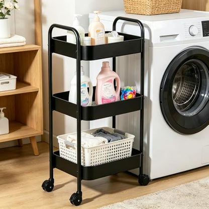 3-Tier Metal Rolling Utility Cart with Handle, Multi-Functional Storage Trolley for Office, Living Room, Kitchen, Movable Storage Organizer with Wheels, Black