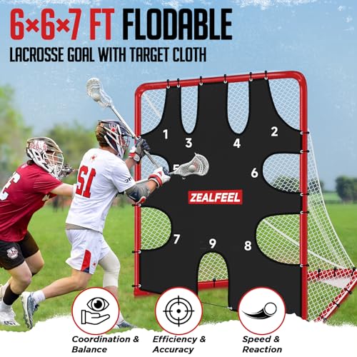 ZEALFEEL Lacrosse Goal 6x6x7Ft, Foldable Lacrosse Training Net with 9-Zone Target for Accuracy Practice, Heavy-Duty Steel Frame & Tear-Resistant Netting, Backyard Shooting Practice for Teens & Adults