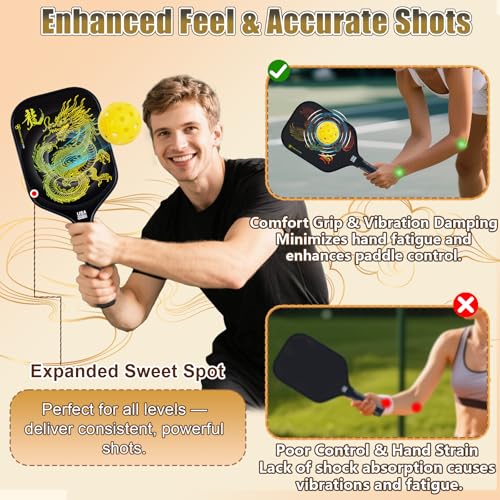Pickleball Paddles Set of 2 – Lightweight T700 Carbon Fiber Pickleball Paddles, Durable 2 Paddles + 4 Outdoor Balls + Bag, Best for Beginner & Pro