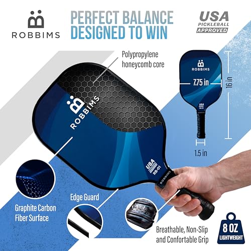 Pickleball Set with Net | 4 USA Pickleball Approved Carbon Fiber Paddles, Portable Regulation Size Net System, 8 Outdoor Balls, Duffle Bag & Carry Bag - ROBBIMS