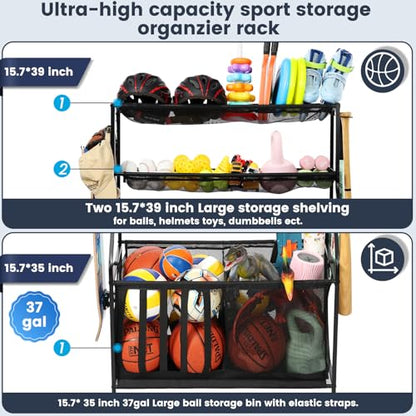 Kinghouse Garage Sports Equipment Organizer, Sports Rack with Hooks, with 37 Gal Ball Storage Bin, Elastic Straps Storage for Basketball, Soccer, Tennis, Stick, Racket, Nerf Gun, Toy, Indoor, Outdoor