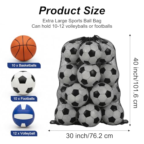 6 Pcs 40" x 30" Large Sports Ball Bag Mesh Soccer Basketball Bags Large mesh drawstring bags with Adjustable Shoulder Strap for Football Volleyball Gym Sports Equipment (Black)