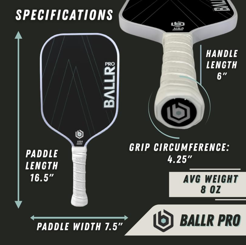 BALLR Pro Pickleball Paddle with T700 Carbon Fiber Surface for Increased Spin and Control - USAPA Approved