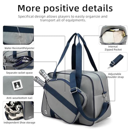 ROYALFAIR Pickleball Tote Bag for Women Men Large Capacity with Paddle Cover Pocket Internal Shoe Pocket and Adjustable Shoulder strap - color: Grey