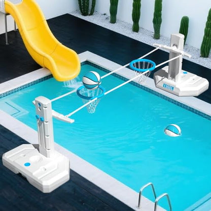 IGL Pool Volleyball Net & Pool Basketball Hoop 2 in 1, Height Adjustable Volleyball Net for Pool, Poolside Basketball Hoop with Fillable Base & Stand, Includes 4 Balls & Pump - size: 2 In 1 Set