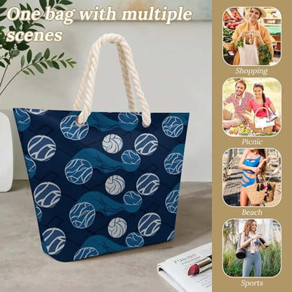 Blue Volleyball Handbag Large Capacity,Beach Bags with Hemp Rope Handles,Shoulder Bag with Zipper Compartments for Travel, Work, Gym
