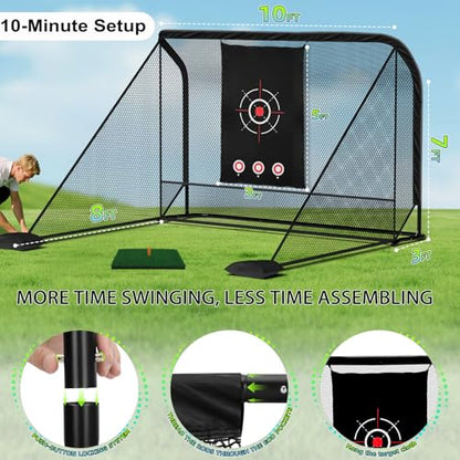 10x7ft Golf Hitting Practice Net for Real Golf Balls, Heavy Duty Driving Training Cage with Reinforced 7-Layer Mesh & Mat, Portable Backyard Net for Indoor Outdoor to Improve Your Swing