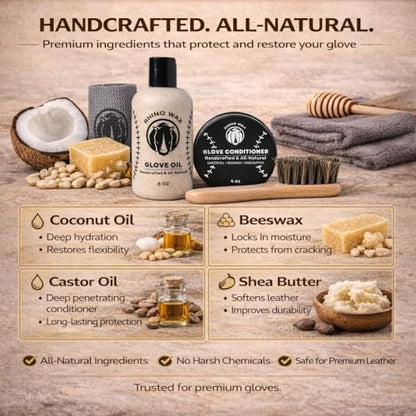 Rhino Wax - Baseball Golden Glove Break-in Kit - Oil for Ball Gloves, Mitt Conditioner, Glove Scrub, Daily Cleaner, Mallet, Wrap, Brushes, & 2 Microfiber Cloths - for Breaking in and Maintaining