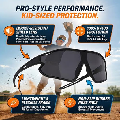 Kids Baseball Sunglasses - Youth Baseball Sunglasses for Boys Girls - Sports Softball Shades Age 6-14 - color: A6 Black / Grey + Black / Silver Mirror