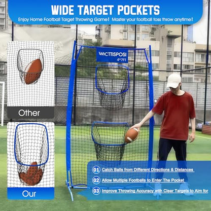 Football Throwing Net, Upgrade Heavy Duty Metal Frame Quarterback Training Equipment Throwing Machine with 1-4 Targets, Easy Setup Football Target Practice with CarryBag, Allweather Indoor Outdoor Use - size: 4 FT × 7 FT