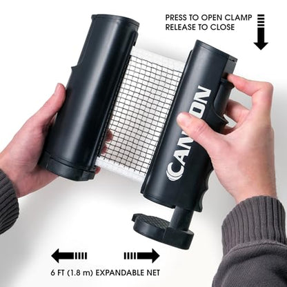 Cannon Sports Retractable Table Tennis Net – Clamp-On Portable Net for Any Table – Adjustable Length up to 6 Feet, Fits Tables up to 2 Inch Thick – Indoor & Outdoor Play