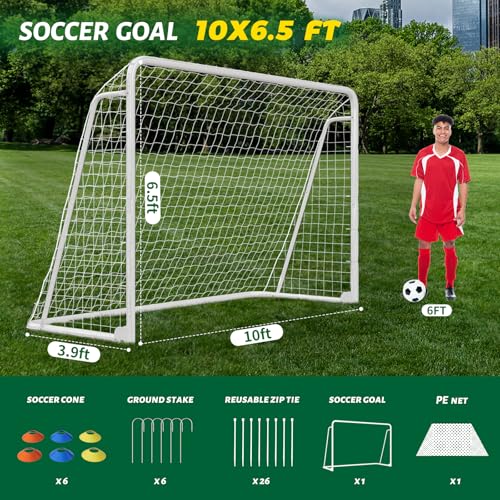 NAIZEA Soccer Goals - 24x8/21x7/18x7/12x6/16x7/10x6/8x6/6x4FT Soccer Goals for Backyard Training- Portable Metal Soccer Net for Youth & Adults - Heavy Duty Steel for Indoor Outdoor Games & Practice - size: 10ft x 6ft, style: Trainer-White/Steel