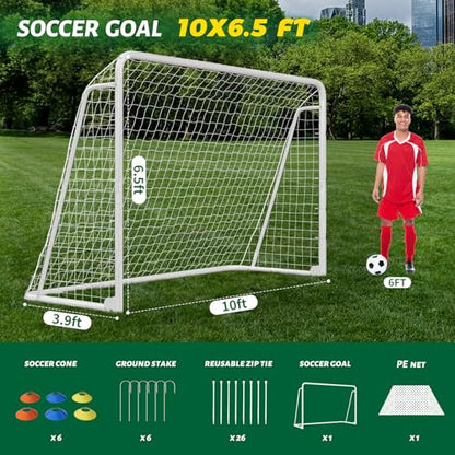 NAIZEA Soccer Goals - 24x8/21x7/18x7/12x6/16x7/10x6/8x6/6x4FT Soccer Goals for Backyard Training- Portable Metal Soccer Net for Youth & Adults - Heavy Duty Steel for Indoor Outdoor Games & Practice - size: 10ft x 6ft, style: Trainer-White/Steel