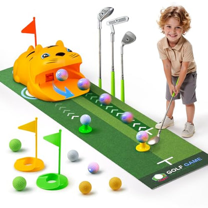 TOMMYHOME Putting Green Indoor with Toddlers Golf Clubs，Party Game with Automatic Golf Bounce Back Machine,Outdoor Training mats,Light up Balls,Gifts for 3 Year Old boy&Girl