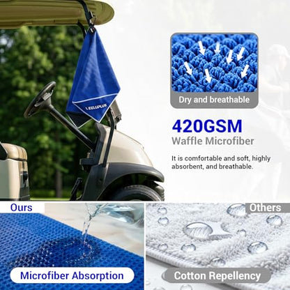 4-in-1 Magnetic Golf Towel with Brush & Cleaning Pocket -Premium Construction Golf Towel- Super Strong Golf Club Cleaner- Microfiber Waffle Design-15.7" X 23.6" Golf Accessories and Gifts for Men - color: Blue