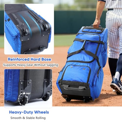 Large Rolling Baseball Catchers Gear Bag with Wheels, Softball Bag with Hard Backing for 4 Bats,Equipment Bag with Separate Shoe & Helmet Compartments, Youth Baseball Bag with 360° Spinner Wheels - color: Blue, size: Style B - Heavy-Duty Rolling Base