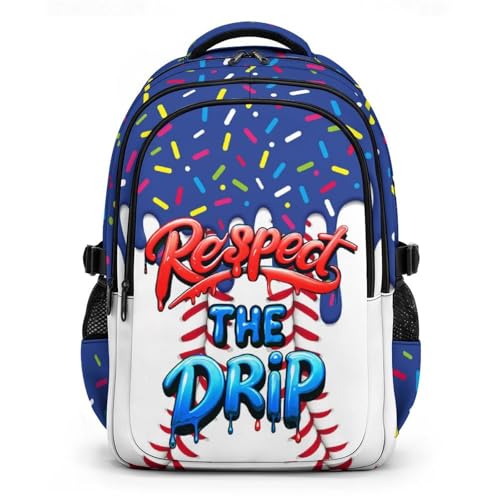 Kids Baseball Backpack Baseball Drip Bookbag, Cool 17 Inch Schoolbag for Elementary High Middle College Students - color: Navy Blue