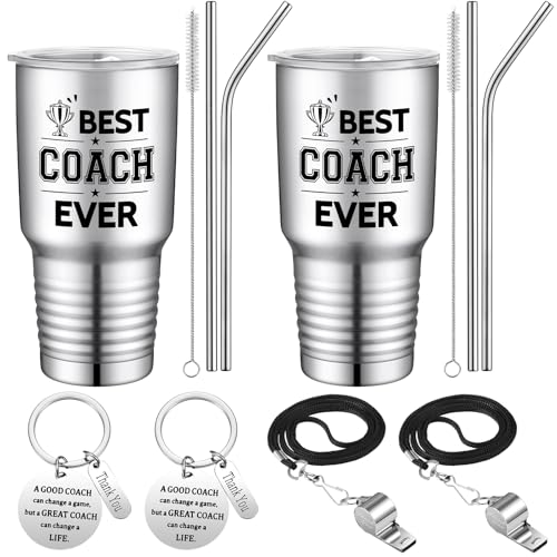Didaey 2 Set Coach Gifts for Men Women Best Coach Ever Tumbler Cup Graduation Appreciation Gift Stainless Steel Tumbler Thank You Keychain Whistle for Baseball Softball Soccer Volleyball(Silver,30 oz)