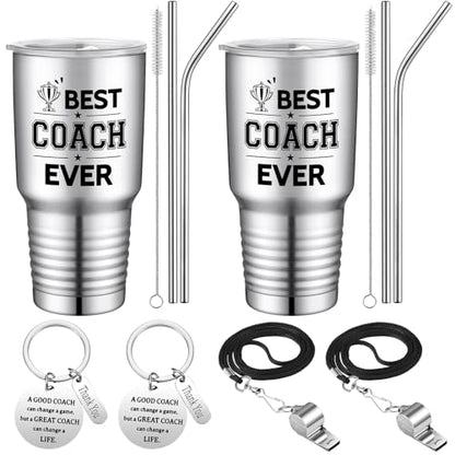Didaey 2 Set Coach Gifts for Men Women Best Coach Ever Tumbler Cup Graduation Appreciation Gift Stainless Steel Tumbler Thank You Keychain Whistle for Baseball Softball Soccer Volleyball(Silver,30 oz)