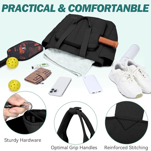 Chase Chic Pickleball Tote Bag for Women,Lightweight Puffer Quilted Pickle Ball Paddle Holder for Gym Sports - color: Black