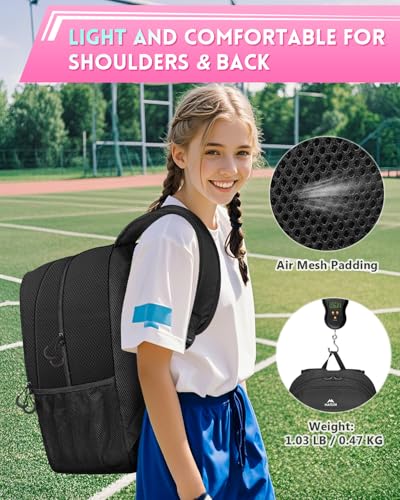 MATEIN Girls Soccer Backpack, Large Basketball Bag with Ball Holder & Shoe Compartment for Tournament & Game Day, Lightweight Youth Sports Bag with Fence Hook Fits 15.6 Inch Laptop, Soccer Team Gifts - color: Black