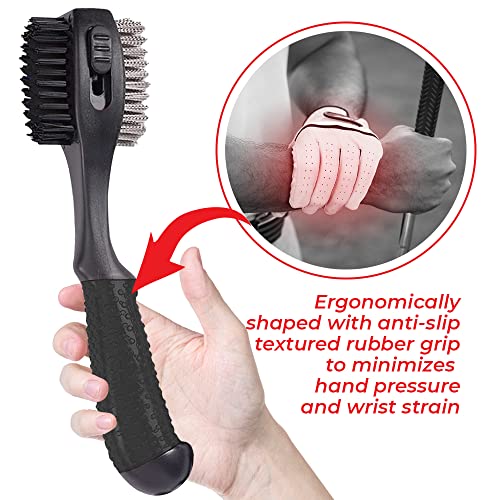 Retractable Golf Club Brush | Oversize Double Brush & Ergonomic Grip & Retractable Groove Cleaner & Lanyard - color: Black