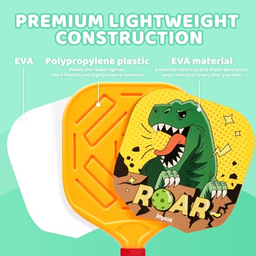 Joycat Kids Pickleball Paddles Set of 2, Lightweight Plastic Cute Pickleball Paddles with Small Grip, 2 Pickleballs, 1 Drawstring Bag,Indoor Outdoor Sport Gift for Kids,Beginner - style: Dinosaur