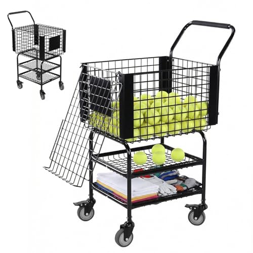 Tennis Ball Basket Pickup Hopper Holds 350 Balls Tennis Ball Hopper Basket Cart 2 Layers with Wheel for Training/Teaching