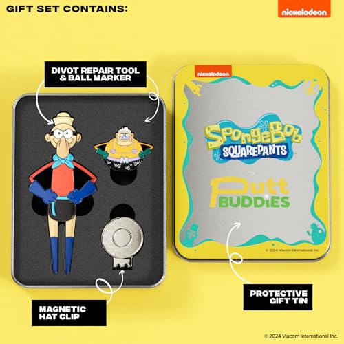 Spongebob Squarepants Mermaid Man & Barnacle Boy Divot Tool and Ball Marker – Magnetic Collectible Golf Gift Set with Hat Clip & Tin for Golfers