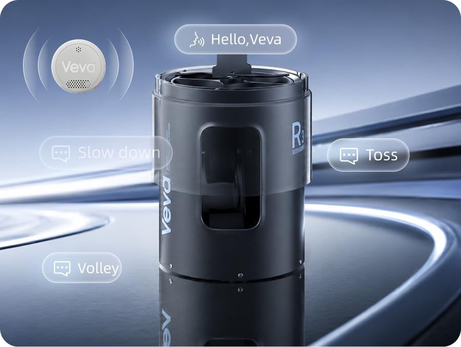 Veva R3 Series Tennis Ball Machine – AI-Powered, Voice Control, Dual Spin, Horizontal Oscillation, OTA Upgrades, 80-Ball Hopper, 16.5 lbs Portable for Beginner to Intermediate Players